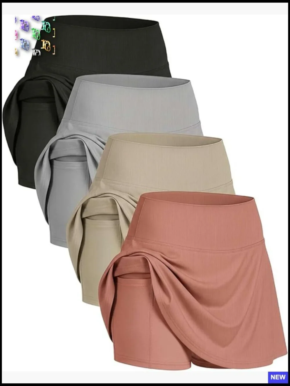 4 Pack Ribbed Active Skort with Pockets Running Tennis Golf Workout Sports Plus